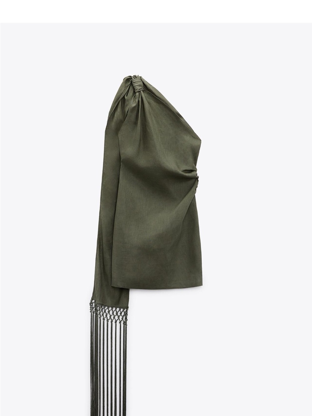 One-Shoulder Olive Green Zara Fringe Linen Dress